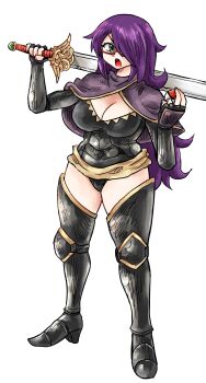1girl angry armor black_panties breasts camilla_(fire_emblem) camilla_(fire_emblem)_(cosplay) cape cleavage commentary cosplay english_commentary fire_emblem fire_emblem_fates full_body green_eyes highres holding holding_poke_ball holding_sword holding_weapon kicdon large_breasts mahke_etstop_(josh6243) nintendo open_mouth original panties poke_ball pokemon purple_hair red-framed_eyewear sword thick_thighs thighs underwear weapon