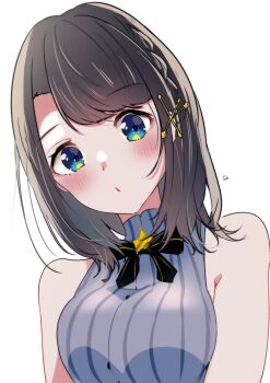 Rule 34 | 1girl, absurdres, artist name, bare shoulders, black bow, black bowtie, black hair, blue eyes, blush, bow, bowtie, breasts, brooch, cross hair ornament, emutakanoe, grey shirt, hair ornament, high collar, highres, hololive, jewelry, large breasts, looking at viewer, medium hair, oozora subaru, oozora subaru (suspenders), parted lips, pinstripe pattern, pinstripe shirt, shirt, signature, simple background, sleeveless, sleeveless shirt, solo, star (symbol), star brooch, star hair ornament, swept bangs, upper body, virtual youtuber, white background