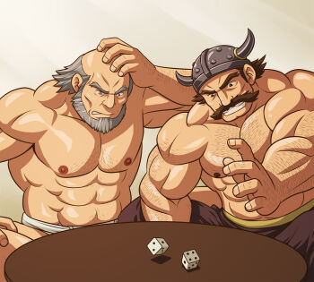 2boys abs arm_hair bald bara beard brown_hair chest_hair commentary dice dice_(fire_emblem) facial_hair fake_horns fire_emblem fire_emblem:_archanea_saga fire_emblem:_new_mystery_of_the_emblem frost_(fire_emblem) grey_hair hand_hair hand_on_own_head helmet horned_helmet horns large_pectorals male_focus multiple_boys muscular muscular_male mustache nintendo nipples old old_man pectorals round_table simple_background table topless_male zelo-lee