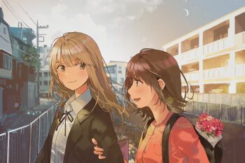 Rule 34 | 2girls, backpack, bag, black bag, black jacket, black ribbon, blonde hair, bouquet, brown eyes, brown hair, building, closed mouth, collared shirt, commentary request, dress shirt, flower, fly (marguerite), grabbing another's arm, highres, jacket, jewelry, long hair, medium hair, multiple girls, neck ribbon, necklace, open mouth, original, outdoors, pink shirt, power lines, railing, ribbon, river, shirt, sidelocks, teeth, white shirt