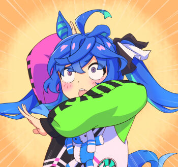 1girl @_@ ahoge animal_ears blue_hair commentary_request gundam gundam_gquuuuuux heterochromia highres horse_ears horse_girl horse_tail jacket long_sleeves monmonmur open_mouth parody pink_eyes purple_eyes scene_reference sharp_teeth solo tail teeth twin_turbo_(blast_mode!_turbo_engine)_(umamusume) twin_turbo_(umamusume) twintails umamusume upper_body