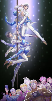 1girl 207 6+boys afterimage black_hair blood blush bob_cut bodysuit bruno_bucciarati camera camera_phone cellphone covering_face ghost giorno_giovanna guido_mista halo highres jean_pierre_polnareff jojo_no_kimyou_na_bouken leone_abbacchio multiple_boys narancia_ghirga nosebleed pannacotta_fugo phone pole_dancing secco sparkle stand_(jojo) sticky_fingers_(stand) trish_una vento_aureo