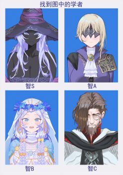 1boy 3girls :3 ascot bare_shoulders bei_chelun_de_daquan_yangcong_anakin black_skin blonde_hair blue_background blue_eyes border braid breasts brooch brown_hair choker cleavage cloak colored_skin commentary_request duchess_(elden_ring) elden_ring elden_ring_nightreign facial_hair flower_wreath grey_eyes hair_over_one_eye hat head_wreath highres jacket jewelry large_breasts long_hair low_twin_braids monocle multiple_girls open_mouth recluse_(elden_ring) revenant_(elden_ring) scholar_(elden_ring) short_hair side_cape single_sidelock twin_braids veil white_border white_choker white_veil witch_hat