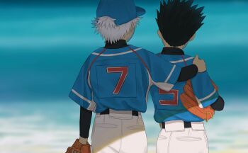 Rule 34 | 2boys, back, baseball cap, baseball glove, baseball uniform, beach, commentary, english commentary, gon freecss, hand on another's shoulder, hat, hunter x hunter, killua zoldyck, luye yuan, male focus, multiple boys, outdoors, shirt, shirt tucked in, short hair, spiked hair, sportswear, upper body, white hair
