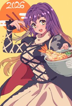1girl 2026 blonde_hair bowl cape chopsticks commentary_request dress food gradient_eyes gradient_hair happy_new_year highres hijiri_byakuren holding holding_bowl holding_chopsticks jean_(jean_sp) layered_dress looking_at_viewer multicolored_eyes multicolored_hair new_year noodles open_mouth purple_eyes purple_hair soba solo steam sun teeth tempura touhou two-tone_hair white_dress yellow_background