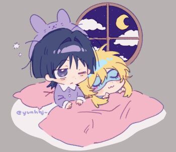 1boy 1girl :3 bags_under_eyes black_eyes black_hair blonde_hair blue_hair blunt_ends blush_stickers closed_mouth cloud crescent_moon drawn_eyewear genshin_impact hair_intakes indoors long_sleeves looking_past_viewer lumine_(genshin_impact) messy_hair moon multicolored_hair one_eye_closed pillow purple_hair purple_shirt purple_sleeves scaramouche_(genshin_impact) shared_blanket shirt short_hair short_hair_with_long_locks sidelocks sleep_mask sleeping_together sleepwear streaked_hair twitter_username under_covers window yunhhj