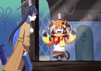 2girls :d absurdres against_glass black_gloves black_shorts blue_hair brown_coat cd_usr coat commentary english_commentary fingerless_gloves from_side gigi_murin gigi_murin_(1st_costume) gloves hat highres hololive hololive_english hood hood_up hooded_shrug long_hair long_sleeves looking_at_another multiple_girls open_mouth orange_shrug ouro_kronii ouro_kronii_(casual) outdoors pink_eyes profile scene_reference sharp_teeth shorts shrug_(clothing) smile spongebob_squarepants_(series) teeth virtual_youtuber walking white_hat window