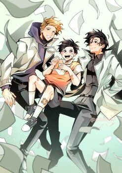 Rule 34 | 3boys, :d, absurdres, areuwuu, bandage on face, bandages, bandaid, bandaid on arm, bandaid on leg, black eyes, black hair, black shirt, blonde hair, coat, collared shirt, commentary, dual persona, english commentary, falling paper, full body, grin, hands in pockets, highres, hood, hood down, hoodie, kim dokja, knees up, lee hakhyun, looking at viewer, multiple boys, oldest dream, omniscient reader's viewpoint, open clothes, open coat, open mouth, popped collar, purple hoodie, shirt, shoes, short hair, smile, sneakers, vest, white coat, yellow vest