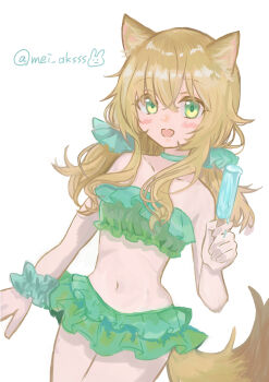 Rule 34 | 1girl, :d, absurdres, animal ear fluff, animal ears, arknights, blonde hair, blush, commentary request, cowboy shot, dog ears, dog girl, dog tail, food, green eyes, highres, holding, holding food, holding popsicle, ice cream, looking at viewer, medium hair, mei aksss, melting, melting popsicle, open mouth, podenco (arknights), popsicle, scrunchie, smile, solo, swimsuit, tail, twitter username, white background