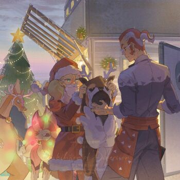 Rule 34 | 1boy, 1girl, alternate costume, apron, aqua eyes, belt, blonde hair, brown belt, charizard, christmas, christmas tree, commentary request, eye contact, fake beard, fake facial hair, fur-trimmed jacket, fur trim, gen 1 pokemon, gen 6 pokemon, glasses, gradient hair, grey pants, griselle (pokemon), grisham (pokemon), hat, highres, jacket, lee999nine, long sleeves, looking at another, multicolored hair, nintendo, orange hair, outdoors, pants, pokemon, pokemon legends: z-a, pyroar, pyroar (male), santa costume, santa hat, sweat, twintails, waist apron, wavy hair, white hair