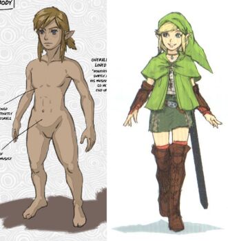 1boy 1girl abs arms_at_sides artbook barefoot belt belt_buckle blonde_hair blue_eyes boots brown_footwear buckle bulge cloak closed_mouth clothed_female_nude_male collarbone concept_art crotch english_text feet full_body gluteal_fold green_cloak green_hood hat hood hood_up hyrule_warriors jewelry knee_boots leather leather_boots legs link linkle looking_to_the_side medium_hair navel necklace nintendo no_nipples no_penis no_testicles nude official_art pectorals pectorals pointy_ears shadow sheath shirt skirt smile standing stomach teeth the_legend_of_zelda the_legend_of_zelda:_breath_of_the_wild thighs third-party_edit vambraces walking white_shirt