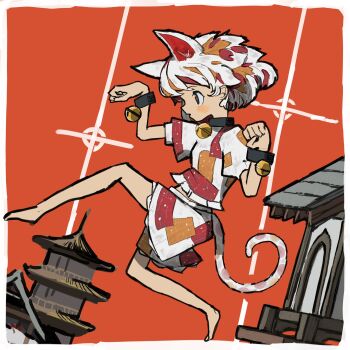 1girl animal_ears architecture barefoot bell border calico_(pattern) cat_ears cat_girl cat_tail east_asian_architecture from_side full_body goutokuji_mike hat highres jingle_bell multicolored_hair neruzou patchwork_clothes paw_pose red_background shirt short_hair shorts solo streaked_hair tail touhou white_border white_hat white_shirt white_shorts