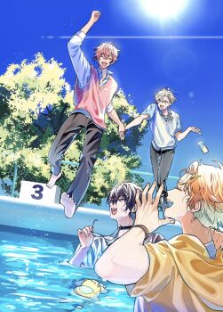 Rule 34 | 4boys, akagi wen, akagi wen (1st costume), arm up, barefoot, black hair, black pants, blonde hair, blue sky, bracelet, closed eyes, commentary, cpupupupu, hair between eyes, hand grab, hibachi mana, highres, holding, holding removed eyewear, jewelry, jumping, multiple boys, nijisanji, open mouth, orange hair, oriens (nijisanji), pants, partially submerged, pink hair, pink sweater vest, pool, saiki ittetsu, saiki ittetsu (1st costume), sharp teeth, shirt, short hair, short sleeves, sky, smile, sun, sweater vest, teeth, tree, unworn eyewear, usami rito, usami rito (1st costume), virtual youtuber, white shirt, white sweater vest