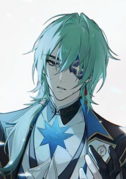 1boy anaxa_(honkai:_star_rail) aqua_eyes arm_up bh495 black_gloves collared_shirt cracked_skin eyelashes gloves green_hair hair_between_eyes hashtag-only_commentary highres honkai:_star_rail honkai_(series) jacket long_hair male_focus parted_lips partially_fingerless_gloves shirt side_ponytail simple_background solo teeth upper_body white_background