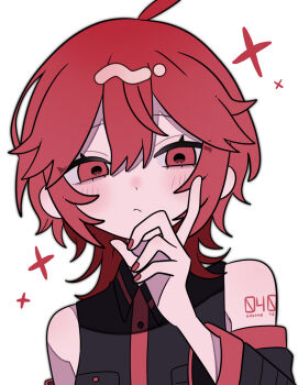 Rule 34 | 1girl, ahoge, alternate hairstyle, black shirt, black sleeves, blush, closed mouth, collared shirt, commentary request, detached sleeves, double-parted bangs, hair between eyes, hand up, highres, kasane teto, kasane teto (utau), long sleeves, looking at viewer, medium hair, nail polish, number tattoo, okayu (okayuyuyu2), portrait, red eyes, red hair, red nails, shirt, shoulder tattoo, simple background, solo, sparkle, tattoo, utau, white background, wolf cut