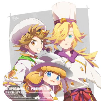 Rule 34 | 1girl, 2boys, allan (fantasy life), blonde hair, blue eyes, brown eyes, brown hair, carrot print, chakpo (fantasy life), chef hat, closed mouth, commentary request, cota, dress, fantasy life, fantasy life i: the girl who steals time, food print, grey background, grey hat, hair over one eye, hat, long hair, looking at viewer, multiple boys, nommie (fantasy life), open mouth, pink dress, shirt, short hair, smile, twintails, white hat, white shirt