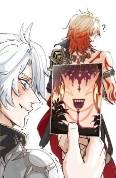 Rule 34 | 2boys, ?, armlet, blonde hair, blue eyes, card, from behind, highres, holding, holding card, honkai: star rail, honkai (series), jewelry, light cone (honkai: star rail), male focus, misleading thumbnail, multiple boys, mydei (honkai: star rail), phainon (honkai: star rail), stifled laugh, tattoo, tofuyafuu9, white background, white hair