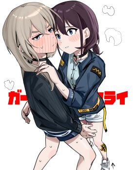 2girls absurdres black_choker black_sweater blue_eyes blue_jacket blue_shirt blush breath chinese_commentary choker closed_mouth collared_shirt commentary_request copyright_name full-face_blush girls_band_cry grey_eyes grey_hair haidao_mao hand_on_another&#039;s_shoulder highres iseri_nina jacket kawaragi_momoka long_hair looking_at_another multiple_girls nervous_sweating parted_lips red_hair revision shirt short_twintails shorts simple_background smile sweat sweater twintails white_background white_shorts yuri