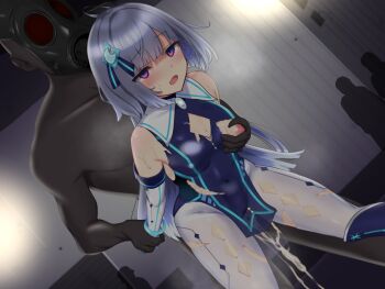 1boy 1girl 3others arm_held_back bent_over blue_boots blue_leotard blunt_bangs boots bracelet breasts colored_inner_hair crescent crescent_hair_ornament cum cum_in_pussy cum_overflow dark-skinned_male dark_skin dutch_angle elbow_gloves empty_eyes feet_out_of_frame game_asset gas_mask gloves grabbing_another's_arm grabbing_another's_breast grey_hair groping hair_ornament heavy_breathing jewelry leotard loincloth long_hair magical_girl mask medium_breasts moyashi_shimo8 multicolored_eyes multicolored_hair multiple_others nipples non-web_source official_art open_mouth outdoors pantyhose pigeon-toed pink_eyes purple_eyes rape rolling_eyes sailor_collar sayotsuki_shizuha searchlight see-through_clothes see-through_loincloth selenoxia self-datamine sex sex_from_behind shadow_maiden_selenoxia sweat torn_clothes two-tone_eyes vaginal visual_novel_cg warehouse white_gloves white_pantyhose white_sailor_collar