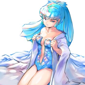 Rule 34 | 1girl, artist name, blue eyes, blue hair, blue one-piece swimsuit, breasts, center opening, coat, collarbone, commentary request, long coat, looking at viewer, miz mus, navel, one-piece swimsuit, open clothes, open coat, oyuki (urusei yatsura), pointy ears, sidelocks, sitting, solo, swimsuit, urusei yatsura, white coat