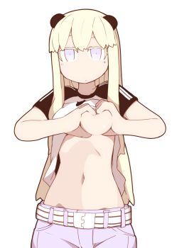 Rule 34 | 1girl, belt, blonde hair, blue eyes, breasts, clothes lift, female focus, heart-shaped boob challenge, hen zemi, highres, long hair, looking at viewer, makiko gregory, navel, nns (sobchan), shirt lift, simple background, solo, white background
