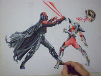 2boys armor blood cape crossover darth_vader decapitation energy_sword guro lightsaber multiple_boys pegasus_seiya saint_seiya seiya_(seiyart) sith star_wars sword weapon what