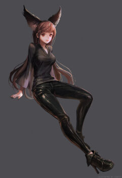 1girl animal_ears arms_at_sides artist_name black_nails black_pants black_shirt black_shoes breasts brown_hair caesty closed_mouth cross-laced_footwear eyelashes female_focus fingernails fox_ears fox_girl full_body grey_background high_heels lipstick long_fingernails long_hair long_sleeves looking_at_viewer makeup medium_breasts nail_polish original pants pink_lips red_eyes sharp_fingernails shirt shoes simple_background sitting smile solo