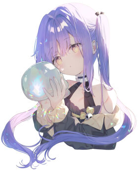 1girl bare_shoulders black_dress black_jacket closed_mouth collarbone commentary_request covered_collarbone cropped_torso dress hair_between_eyes hands_up hashtag-only_commentary holding jacket long_hair long_sleeves off_shoulder open_clothes open_jacket original purple_hair simple_background skull solo twintails upper_body very_long_hair white_background yellow_eyes yuizaki_kazuya