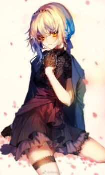 Rule 34 | 1girl, black dress, black gloves, black jacket, blonde hair, blush, ciloranko, commentary request, dress, gloves, green eyes, hair ornament, hairpin, highres, jacket, kneeling, korean commentary, petals, pink petals, smile, solo, welrod mkii (girls' frontline), welrod mkii (nightfall crisis) (girls' frontline)