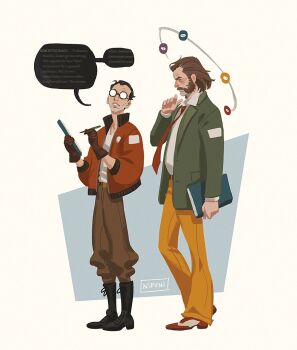 2boys aegyo_sal belt black_eyes black_hair bomber_jacket boots brown_gloves brown_hair chest_hair clipboard collared_shirt commentary contrapposto disco_elysium english_commentary english_text facial_hair glasses gloves harry_du_bois holding holding_clipboard holding_pen jacket kim_kitsuragi looking_at_another looking_to_the_side male_focus multiple_boys mustache_stubble mutton_chops necktie nipuni orange_jacket pen red_necktie shirt shirt_tucked_in source_quote stubble talking white_shirt