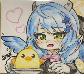 1girl absurdres blue_archive blue_hair blue_wings blush commentary_request gloves green_eyes halo heart highres mine_(blue_archive) pointy_ears shikishi tomimon traditional_media white_gloves wings yellow_halo