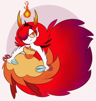 1girl absurdres artist_name black_tiara closed_mouth colored_sclera commentary dimensional_scissors eyelashes hair_over_one_eye hair_tie hekapoo highres holding holding_scissors nashrow nose pointy_ears red_hair scissors smile solo spiked_arm star_vs_the_forces_of_evil tiara yellow_sclera