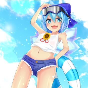 Rule 34 | 1girl, :d, absurdres, alternate costume, blue bow, blue eyes, blue hair, blue shorts, blue sky, bow, breasts, buoy, cirno, cloud, denim, denim shorts, eyewear on head, fang, flower, from below, hair between eyes, hair bow, highres, ice, ice wings, jemen, lifebuoy, light particles, looking at viewer, navel, open mouth, outdoors, see-through clothes, see-through shirt, shirt, short hair, shorts, sky, small breasts, smile, solo, standing, sunflower, swim ring, tank top, tanned cirno, touhou, white tank top, wings