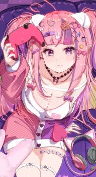 Rule 34 | 1girl, absurdres, ahoge, animal ear headphones, animal ears, bandaid, bandaid hair ornament, bare shoulders, bead necklace, beads, bone hair ornament, bow, breasts, button hair ornament, cat ear headphones, cat ears, checkered clothes, cleavage, controller, crescent, crescent hair ornament, decora, demon girl, demon horns, facial mark, fake animal ears, fang, fishnet top, fishnets, game controller, hair bow, hair ornament, headphones, heart, heart ahoge, heart facial mark, heart hair ornament, highres, hiro (phese), horns, ironmouse, jewelry, large breasts, lollipop hair ornament, long hair, multicolored hair, necklace, open clothes, pink eyes, pink hair, purple streaks, sidelocks, sitting, skin fang, skull hair ornament, sparkle hair ornament, spiked thigh strap, star (symbol), star facial mark, star hair ornament, streaked hair, thigh strap, thighs, twintails, virtual youtuber, vshojo, white horns, x hair ornament