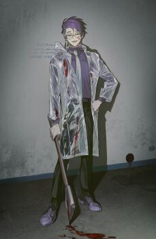 1boy :d axe black_pants blood blood_on_clothes coat collared_shirt corbeau_(pokemon) earrings full_body glasses hand_on_own_hip highres holding holding_axe jewelry kitsune_(ly_howe) long_sleeves looking_at_viewer male_focus necktie nintendo open_clothes open_coat open_mouth pants pokemon pokemon_legends:_z-a purple_hair purple_shirt purple_shoes round_eyewear shirt shoes short_hair smile solo standing twitter_username watermark white_coat white_necktie