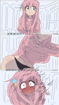 1girl accidental_exposure black_panties black_underwear_(female) blue_eyes blush bocchi_the_rock! breasts comic constricted_pupils covering_self desktop_(computing) embarrassed full-face_blush gotoh_hitori hair_ornament highres hip_focus jumpsuit large_breasts livestream looking_at_viewer motion_lines navel panties pants pink_hair pink_jumpsuit pink_pants pink_sweater reaching shrunken_irises speed_lines ssuregigame standing surprised sweater thighs underwear wide-eyed wide_hips