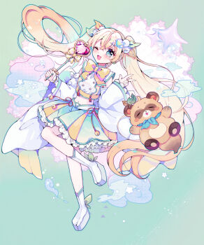 1girl :d aqua_trim bell block_heels blonde_hair blue_hair blush boots bow bowtie buttons colored_eyelashes commentary_request crop_top cropped_shirt crossed_bangs detached_sleeves frilled_skirt frills full_body green_background hair_between_eyes hair_ornament hand_up heart_wand highres himegamik holding holding_wand hololive jewelry kazama_iroha lace-trimmed_sleeves lace_trim leaf_hair_ornament leg_up long_hair long_sleeves looking_at_viewer magical_girl midriff multicolored_skirt navel one_eye_closed open_clothes open_mouth pokobee pom_pom_(clothes) pom_pom_hair_ornament ring shirt skirt sleeves_past_wrists smile solo standing standing_on_one_leg tanuki tassel twintails v very_long_hair virtual_youtuber wand white_boots white_shirt white_sleeves yellow_bow yellow_bowtie yume_kawaii