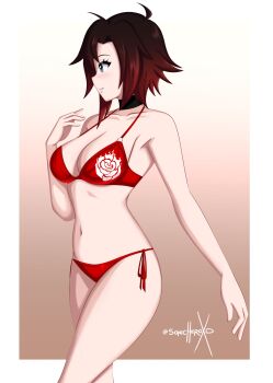1girl absurdres ahoge artist_name bikini black_choker black_hair border breasts choker cleavage collarbone cowboy_shot from_side gradient_background gradient_hair grey_eyes hand_up highres looking_to_the_side medium_breasts multicolored_hair navel parted_lips red_bikini red_hair ruby_rose rwby short_hair side-tie_bikini_bottom solo sonicheroxd stomach swimsuit white_border