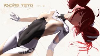 1girl absurdres ahoge alternate_costume armor artist_name biker_clothes bikesuit bodysuit bow breastplate breasts commentary covered_navel drill_hair elbow_gloves english_commentary eriott gloves goodsmile_company goodsmile_racing highres hip_bones jumpsuit kasane_teto kasane_teto_(sv) long_sleeves looking_at_viewer medium_breasts open_mouth race_queen racing_suit red_eyes red_hair short_hair signature simple_background solo spacesuit synthesizer_v twin_drills twintails utau vocaloid white_bodysuit white_bow white_gloves white_jumpsuit