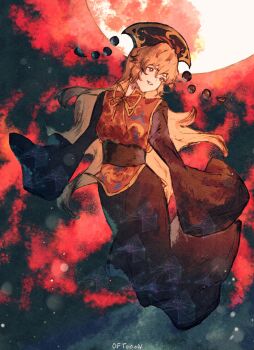 1girl black_hat black_robe blonde_hair dalachi_(headdress) flying full_moon hat highres junko_(touhou) long_hair long_sleeves moon oftooon outdoors parted_lips red_eyes red_tabard robe smile solo tabard touhou very_long_hair wide_sleeves