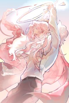 1boy absurdres androgynous animification arm_up bishounen cape chinese_commentary commentary_request commission cowboy_shot crown earrings fur-trimmed_cape fur_trim gold_crown hair_between_eyes halo highres humanization jewelry keimko long_hair long_sleeves looking_at_viewer male_focus minecraft_youtube pink_hair pointed_crown pointy_ears red_cape red_eyes shirt smile solo standing technoblade white_shirt