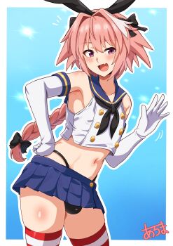1boy absurdres aroma_(aromax) astolfo_(fate) black_bow black_neckerchief black_panties blue_sailor_collar blue_skirt bow braid bulge cosplay crop_top crossdressing crossdressing_(mtf) elbow_gloves fate/apocrypha fate_(series) gloves hair_bow hair_intakes highleg highleg_panties highres kantai_collection long_braid long_hair male_focus microskirt navel neckerchief open_mouth panties pink_hair purple_eyes sailor_collar shimakaze_(kancolle) shimakaze_(kancolle)_(cosplay) single_braid single_hair_streak skirt striped_clothes striped_thighhighs textless_version thighhighs thong trap underwear very_long_hair white_gloves white_streaks