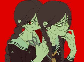 braid brown_hair danganronpa:_trigger_happy_havoc danganronpa_(series) dual_persona finger_to_mouth fukawa_toko genocider_shou hair_between_eyes hamuseutta highres holding holding_scissors lips long_hair long_tongue looking_at_viewer low-braided_long_hair low-tied_long_hair red_background red_eyes round_eyewear school_uniform scissors sweat tongue tongue_out twin_braids