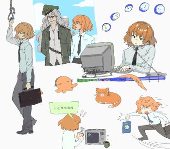 2girls ahab_(project_moon) animalization arm_up baozao_bi_ge black_necktie cat chinese_text clock collared_shirt commentary_request curly_hair freckles green_eyes grey_pants highres ishmael_(district_21_resident)_(project_moon) ishmael_(project_moon) limbus_company microwave multiple_girls necktie octopus orange_hair pants project_moon shirt sidelocks simple_background speech_bubble tentacles translation_request white_background white_shirt working