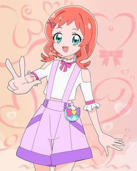 1girl :d absurdres artist_name bow_background buttons clothing_cutout commentary cowboy_shot cropped_shirt dot_nose frilled_shirt frills green_eyes hair_ornament hairclip hand_up heart heart_background heart_hair_ornament highres inukai_iroha looking_at_viewer meru_(mer_milky77) midriff neck_ribbon open_mouth orange_hair outline outstretched_arm pact_holder pink_background pink_ribbon pouch precure purple_shorts ribbon shirt short_hair_with_long_locks shorts shoulder_cutout smile solo suspender_shorts suspenders twitter_username w white_outline white_shirt wonderful_pact wonderful_precure!