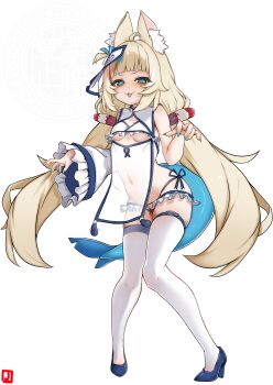 1girl absurdres animal_ear_fluff animal_ears blonde_hair blue_eyes blue_hair blue_nails blue_panties blue_shoes breasts cat_ears china_dress chinese_clothes commentary dress fins fish_girl fish_tail full_body high_heels highres indie_virtual_youtuber jiangshi_costume johnny_(braun-kan_cafe) lifebuoy_hair_ornament long_hair low_twintails multicolored_hair nail_polish navel ofuda ofuda_on_head one_side_up open_mouth outstretched_arms panties pelvic_curtain sameko_saba shoes small_breasts solo streaked_hair tail thighhighs twintails two-tone_hair underboob underwear white_background white_dress white_thighhighs zombie_pose