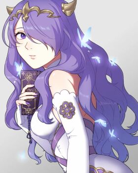1girl bare_shoulders breasts bug butterfly camilla_(adrift)_(fire_emblem) camilla_(fire_emblem) detached_sleeves dress fire_emblem fire_emblem_fates fire_emblem_heroes hair_over_one_eye insect large_breasts long_hair looking_back nintendo official_alternate_costume ofuda one_eye_covered purple_eyes purple_hair shamu_(peach11_01) simple_background solo tiara wavy_hair