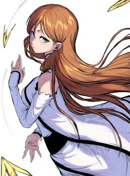 Rule 34 | 1girl, alternate eye color, bare shoulders, bleach, breasts, closed mouth, female focus, inoue orihime, jesse schickler, lips, long hair, orange hair, shun shun rikka, simple background, standing, white background