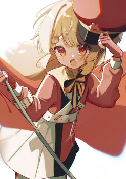 1girl :d absurdres aoi_(swoi_ekk) belt blonde_hair blush braid cape cowboy_shot dress fang gloves hat highres holding long_hair long_sleeves looking_at_viewer natori_sana open_mouth peaked_cap red_eyes red_hat sana_channel shako_cap simple_background skin_fang smile solo unworn_hat unworn_headwear virtual_youtuber white_background white_belt