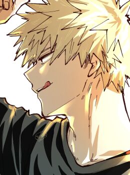 Rule 34 | 1boy, arm up, bakugou katsuki, black shirt, blonde hair, boku no hero academia, commentary, crew neck, from side, highres, licking lips, male focus, mocomocopicopi, open mouth, profile, red eyes, shirt, solo, spiked hair, tongue, tongue out, untranslatable commentary, white background